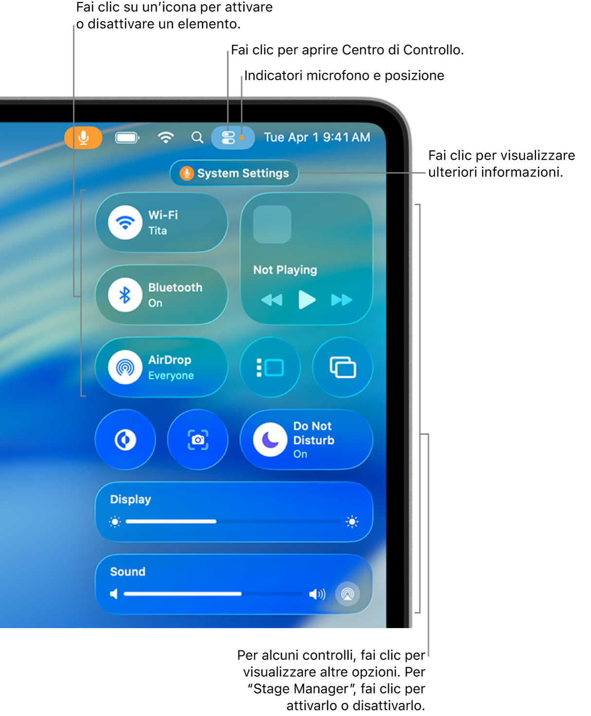 Centro di Controllo nella parte superiore destra sullo schermo con i controlli per Wi-Fi, “Full immersion”, Suono e “In riproduzione”, tra gli altri.