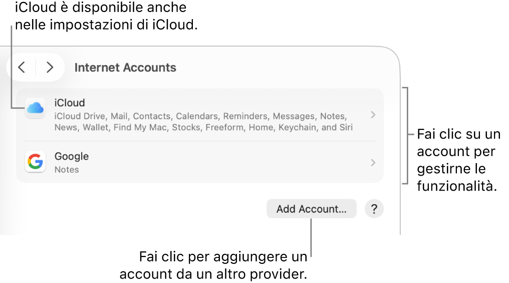 Impostazioni di Account Internet con l’elenco degli account che sono configurati sul Mac.