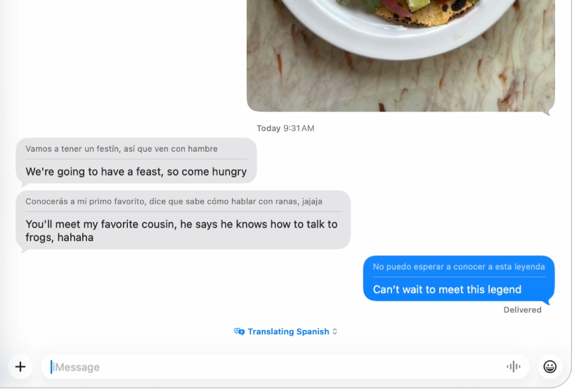 メッセージアプリのウインドウ。メッセージがスペイン語から英語に翻訳されています。
