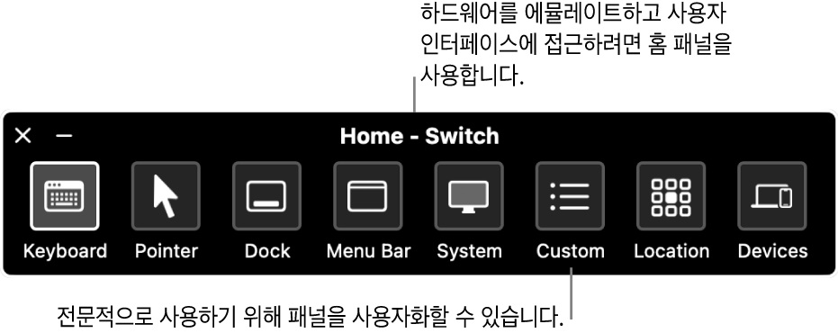 왼쪽에서 오른쪽으로 나타나는 키보드, 포인터, Dock, 메뉴 막대, 시스템 제어기, 사용자 설정 패널, 화면 위치 및 기타 기기를 제어하는 버튼을 포함하는 스위치 제어 홈 패널.