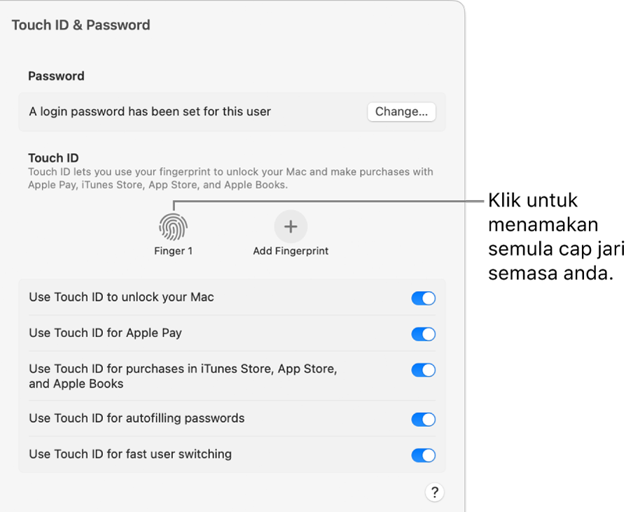 Seting Touch ID & Kata Laluan, menunjukkan cap jari sedia dan boleh digunakan untuk membuka kunci Mac.