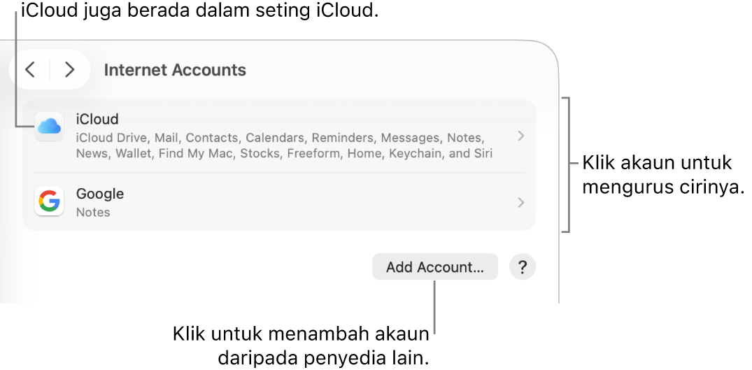 Seting Akaun Internet dengan akaun yang disediakan pada Mac disenaraikan.