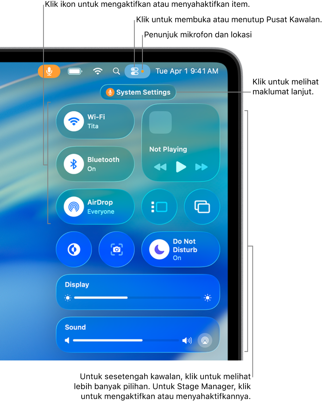 Pusat Kawalan di bahagian atas kanan skrin, menunjukkan kawalan untuk Wi-Fi, Fokus, Bunyi dan Kini Dimainkan, antara yang lain.