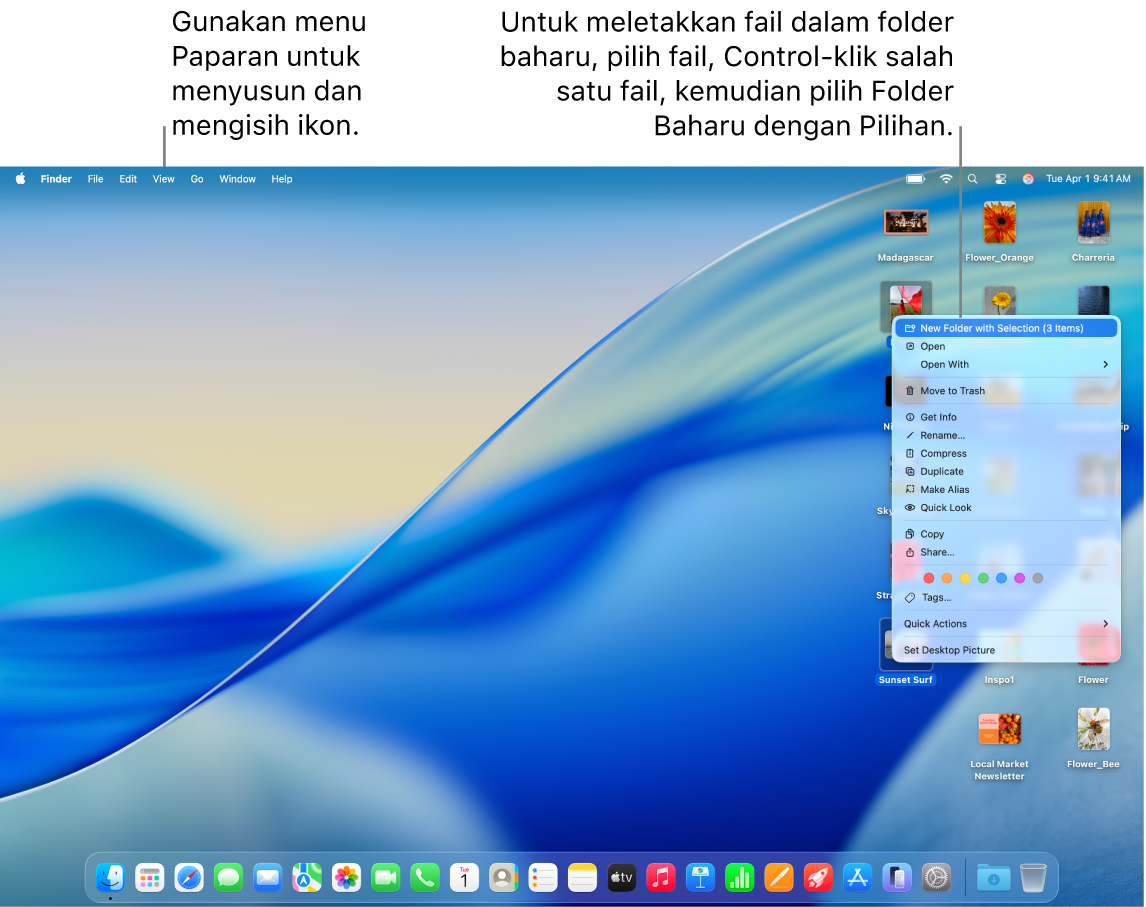 Desktop menunjukkan fail dan folder. Beberapa fail dipilih untuk diletakkan dalam folder baharu. Menu timbul untuk fail dipilih kelihatan, dengan Folder Baharu dengan Pilihan dipilih.