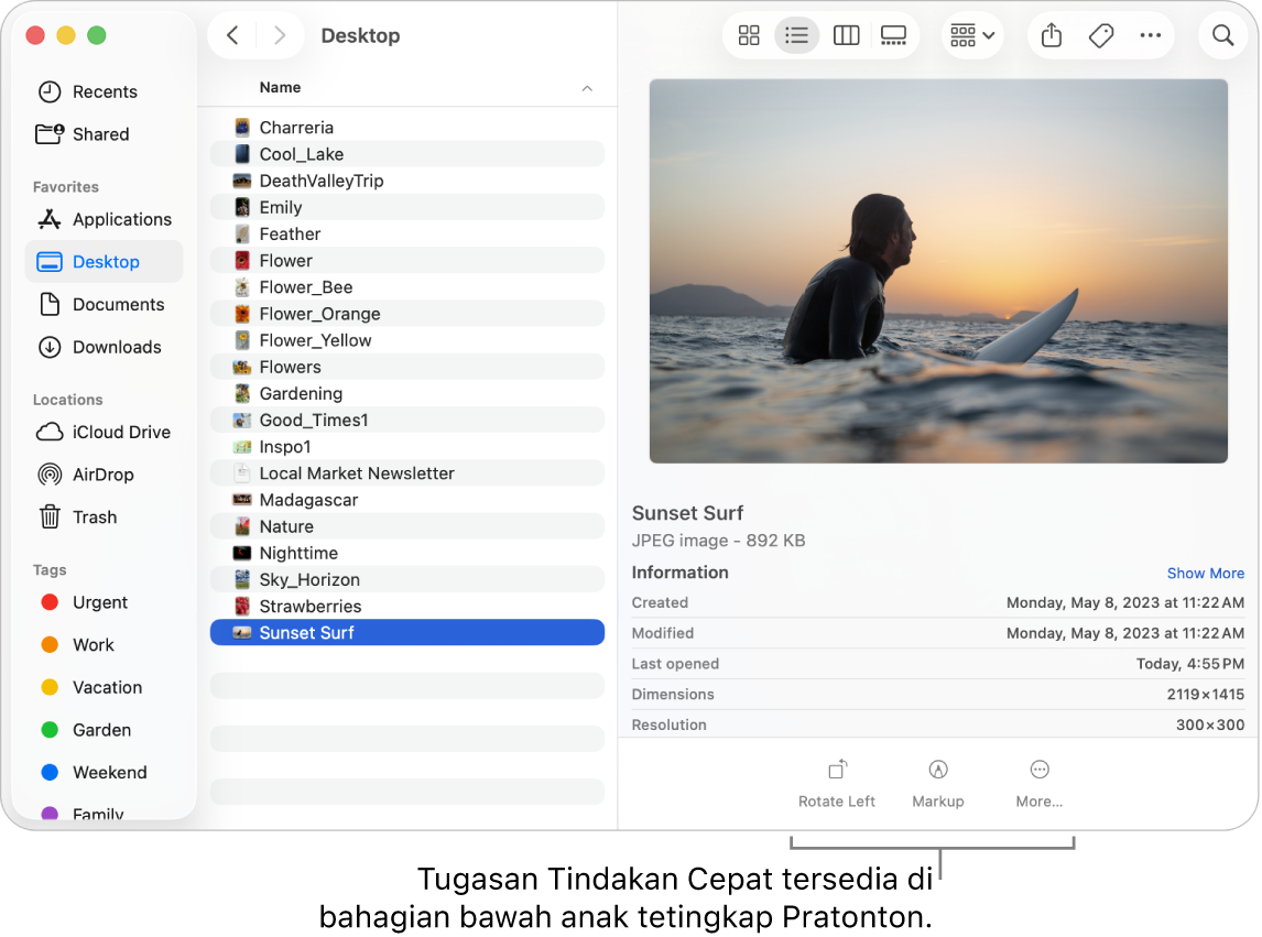 Bahagian bawah anak tetingkap Pratonton menunjukkan butang Tindakan Cepat.