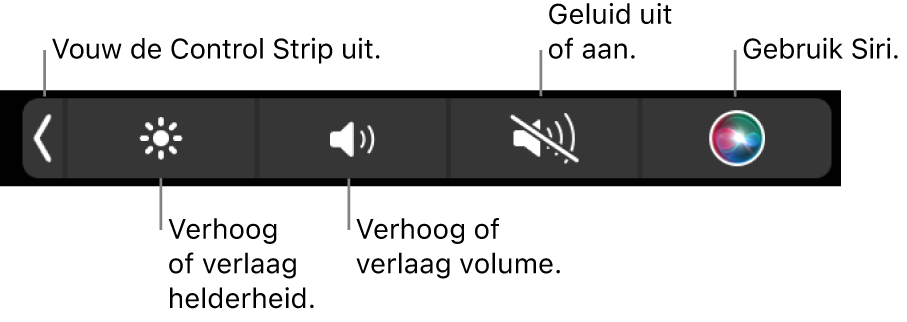 De samengevouwen Control Strip met (van links naar rechts) knoppen om de Control Strip uit te vouwen, de helderheid en het volume aan te passen, het geluid te dempen of in te schakelen en Siri te gebruiken.