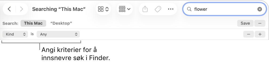 Et Finder-vindu med felt for å spesifisere søkekriterier.