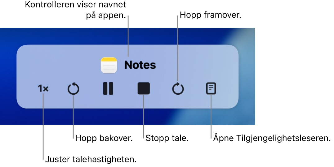 Kontrolleren på skjermen som kan vises når Macen leser opp markert tekst. Kontrolleren har seks knapper, slik at du kan, fra venstre til høyre, justere talehastigheten, hoppe bakover, spille av opplesingen eller stoppe opplesingen midlertidig, stoppe opplesingen, hoppe framover og åpne Tilgjengelighetsleser. Navnet på appen vises øverst på kontrolleren.