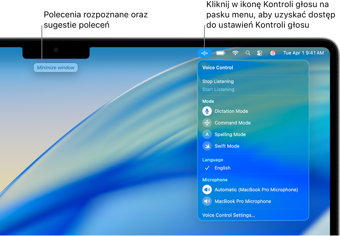 U góry biurka wyświetlana jest sugestia polecenia. Po prawej, na pasku menu, widoczna jest ikona funkcji Sterowanie głosowe oraz otworzone jest menu tej funkcji.