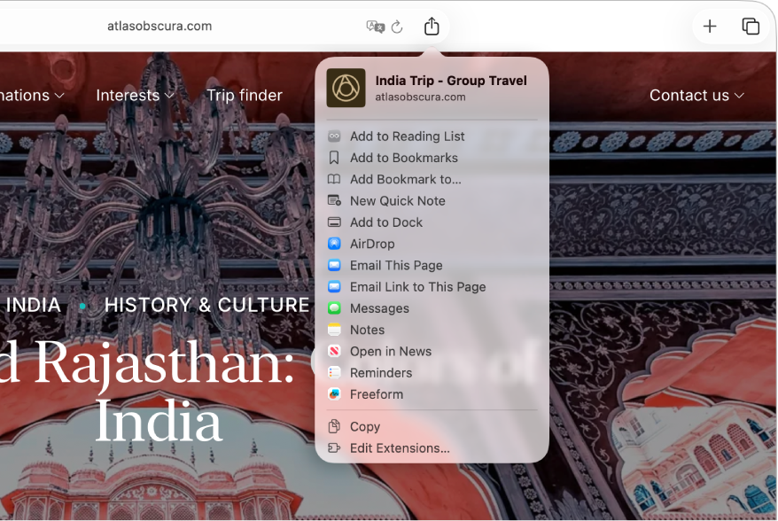 Menu udostępniania wyświetlone po kliknięciu w przycisk udostępniania na pasku narzędzi aplikacji Safari. Menu Udostępnij zawiera opcje AirDrop, Wiadomości i nie tylko.