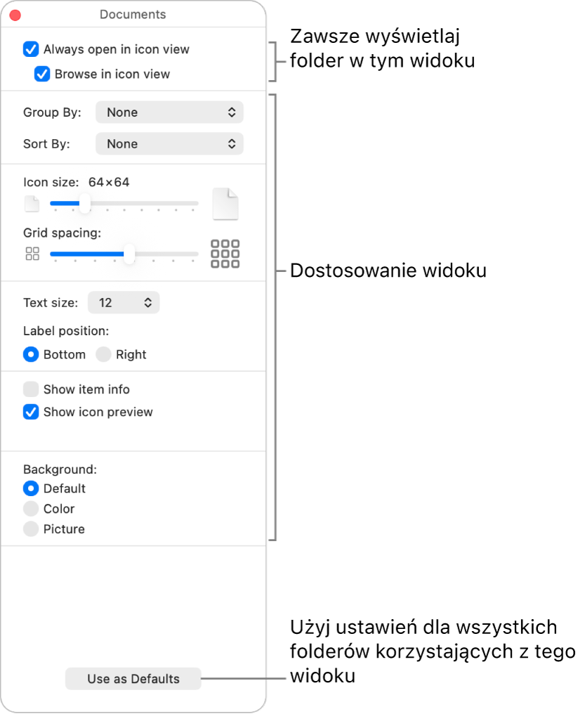 Opcje widoku ikon w folderze.