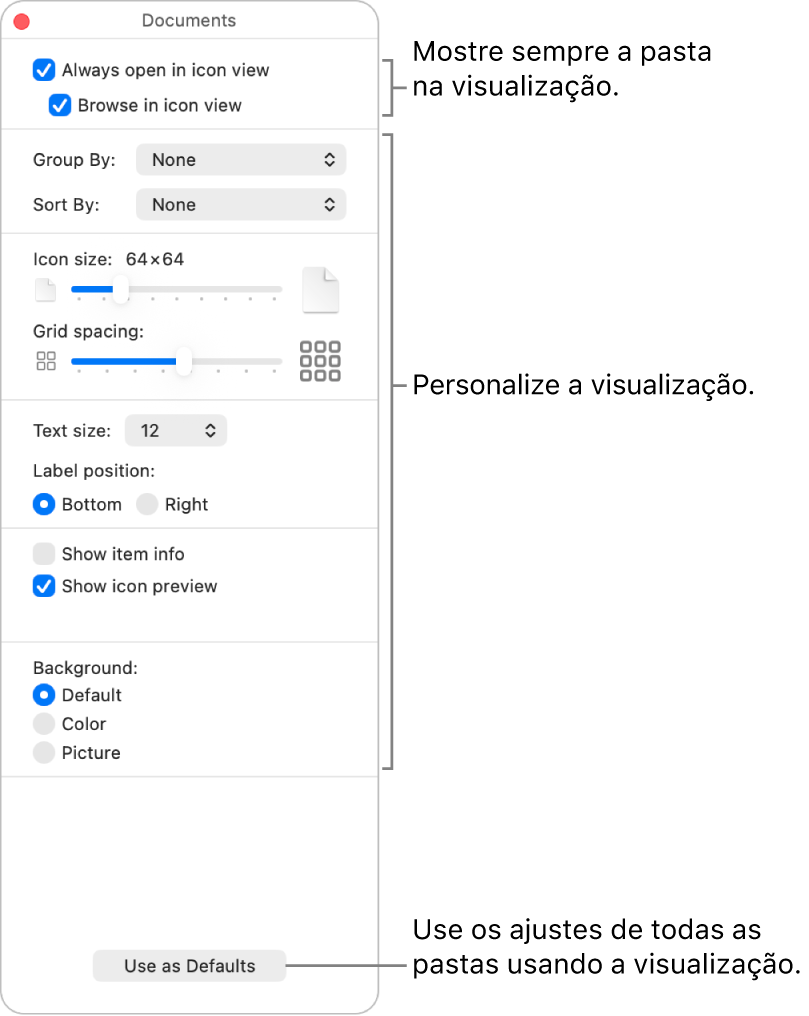 Opções de visualização por Ícone de uma pasta.