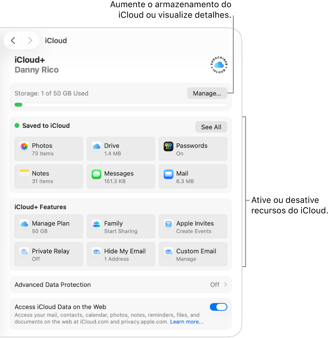 Ajustes do iCloud para os recursos mais usados.