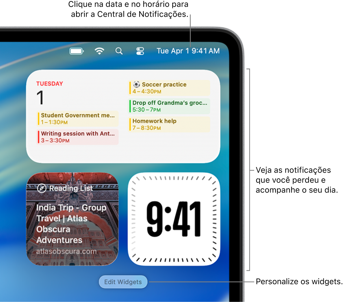 Notificações e widgets na Central de Notificações.