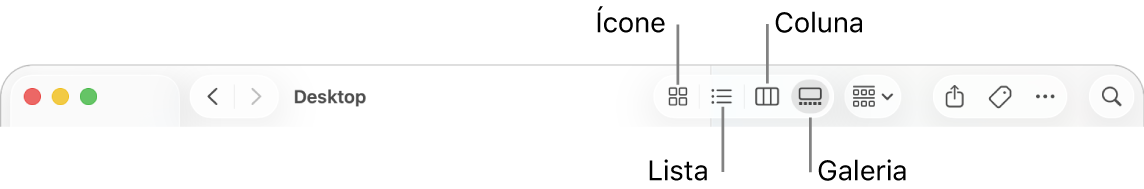 A parte superior da janela do Finder a mostrar os botões das opções de Visualização para uma pasta.