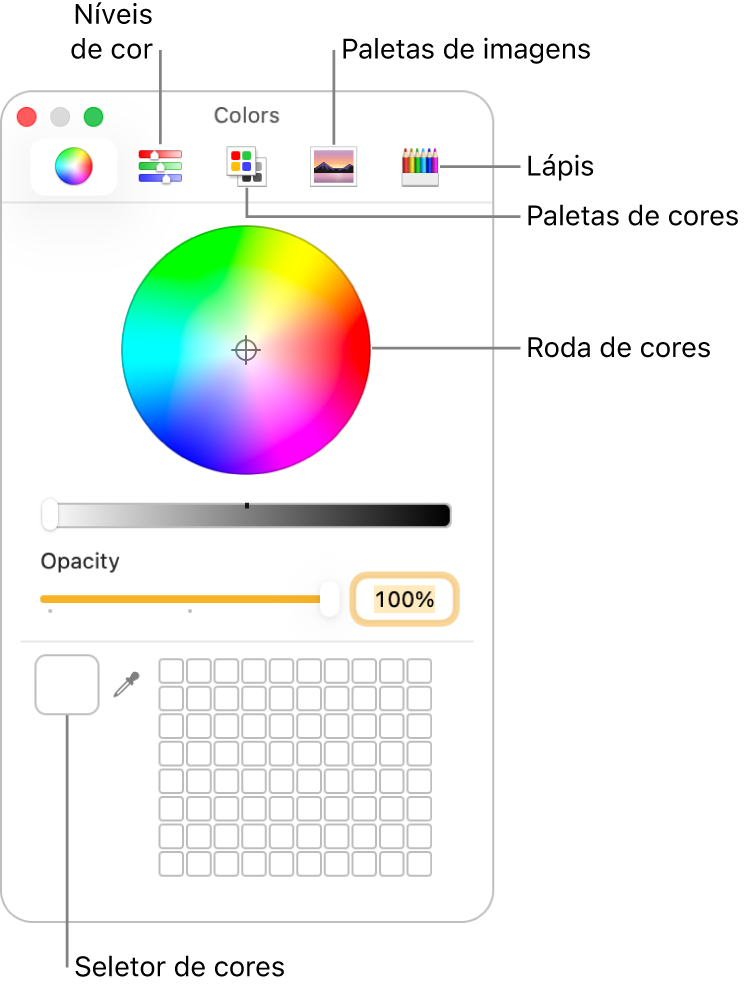 A janela Cores. Na parte superior da janela está a barra de ferramentas, que tem botões para os niveladores de cores, paletas de cores, paletas de imagens e lápis. No centro da janela encontra-se o seletor de cores. O seletor de cores encontra-se na parte inferior esquerda.