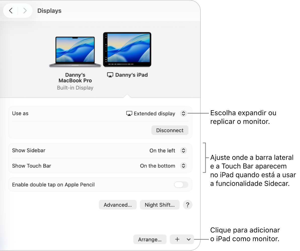 O painel de definições “Monitores” no Mac, com opções para configurar Sidecar.