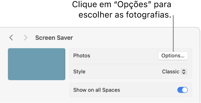 A parte superior da janela de Preferências do Sistema, que mostra opções de fotografias.