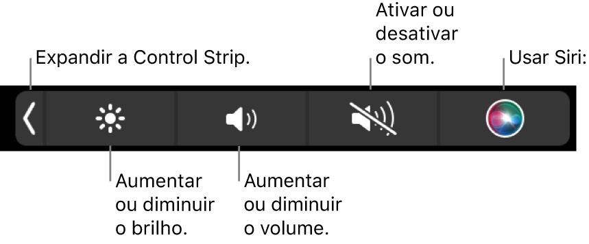 A Control Strip comprimida inclui botões, da esquerda para a direita, para expandir a Control Strip, aumentar ou diminuir o brilho do monitor e o volume, desligar ou ligar o som e usar Siri.
