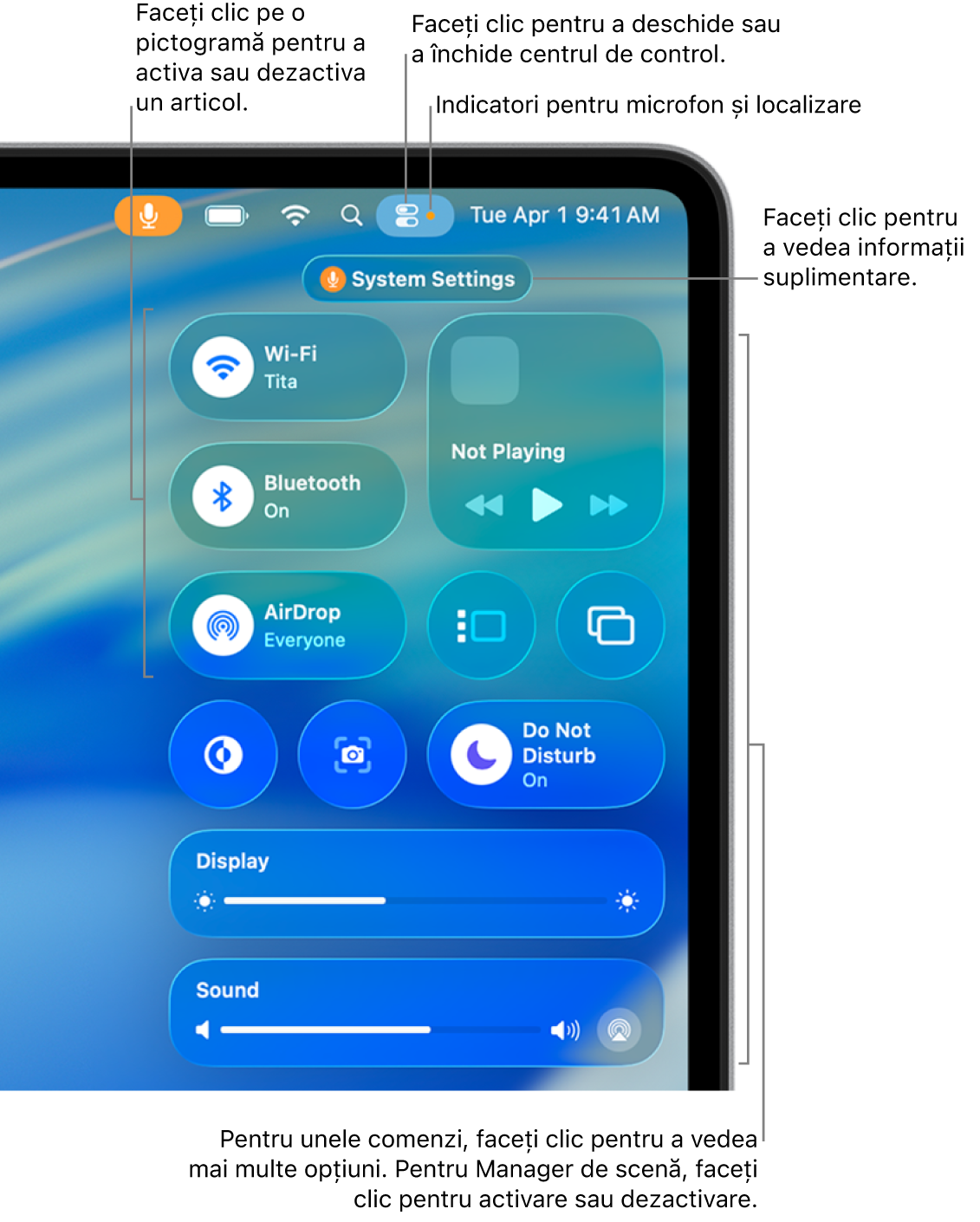 Centrul de control în partea din dreapta sus a ecranului, afișând comenzi pentru Wi‑Fi, Concentrare, Sunet, În redare etc.