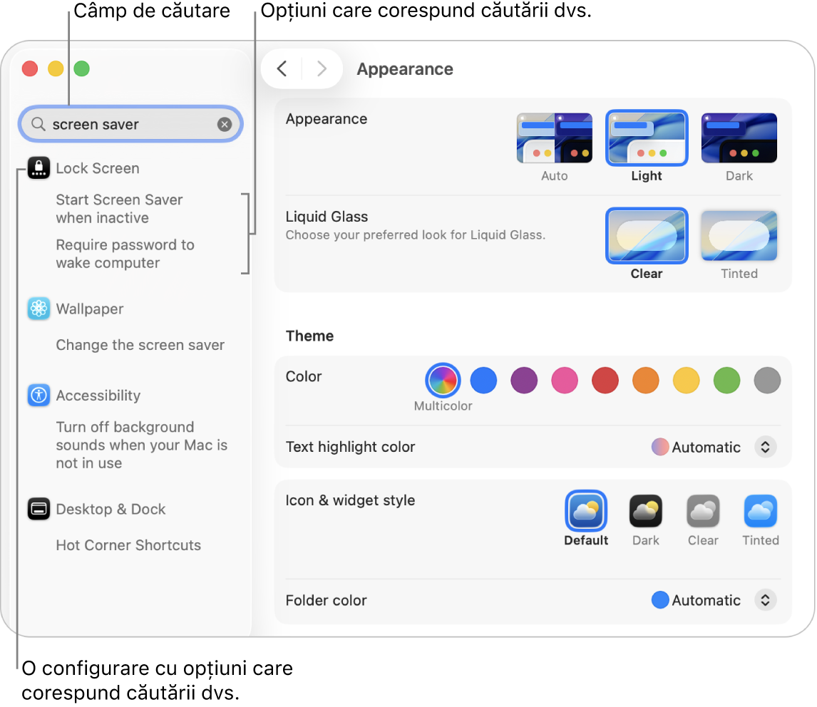Fereastra Configurări sistem afișând „screensaver” în câmpul de căutare și o listă cu rezultatele de căutare corespunzătoare sub câmpul de căutare.