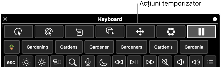 Butoane de acțiune pentru temporizare, amplasate în partea de sus a Tastaturii de accesibilitate.