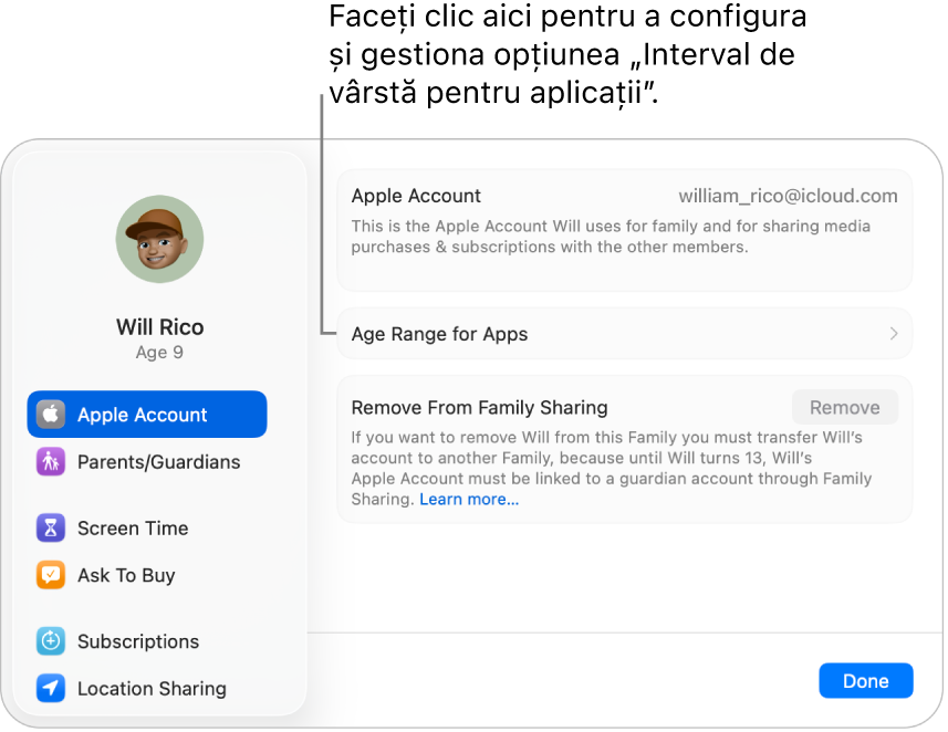 Configurările contului Apple ale unui copil, afișate pe Mac, prezentând unde se configurează și se gestionează opțiunea „Interval de vârstă pentru aplicații”.