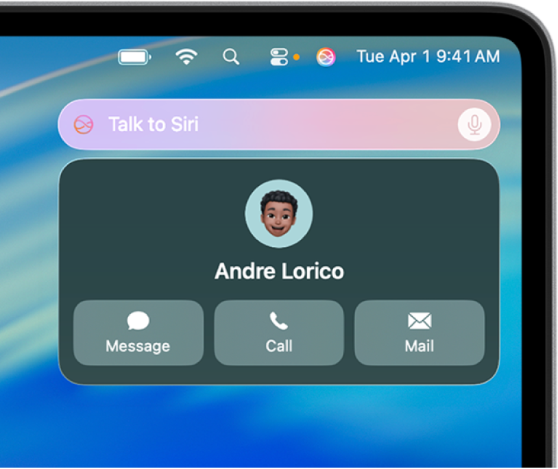 В правом верхнем углу рабочего стола Mac показано поле ввода запроса к Siri и ответ.