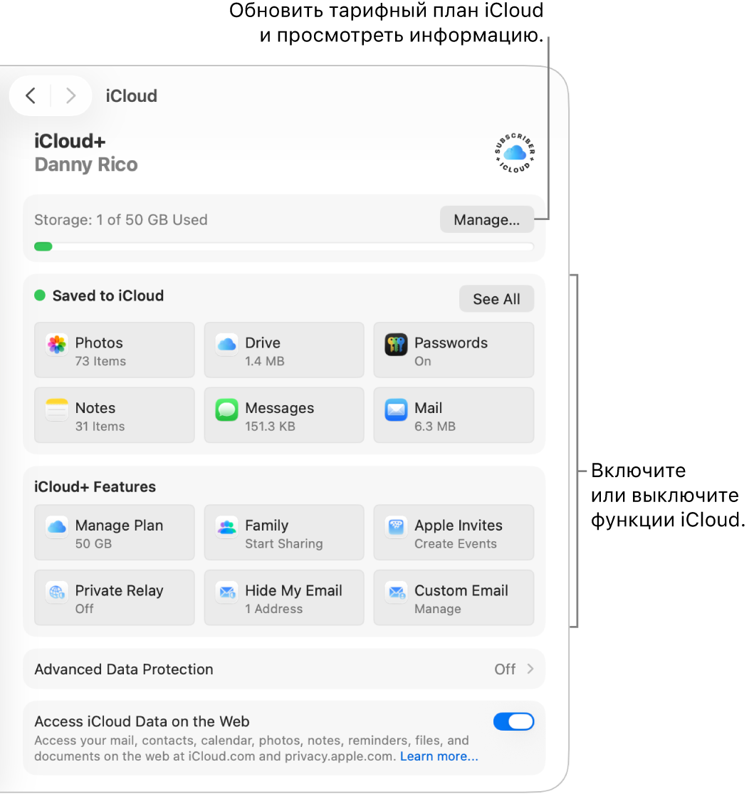Настройки iCloud для самых часто используемых функций.