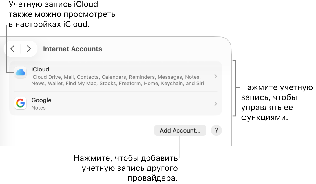 В разделе настроек «Учетные записи интернета» показан список учетных записей, которые настроены на Mac.