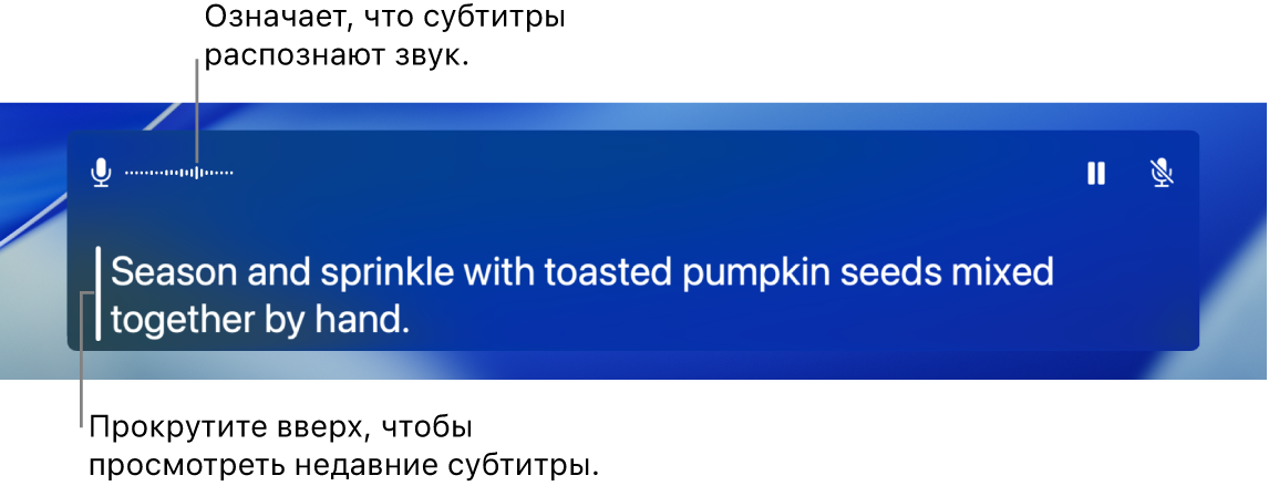 Расшифровка аудио с микрофона компьютера в реальном времени отображается в виде прокручиваемого текста в окне Субтитров.