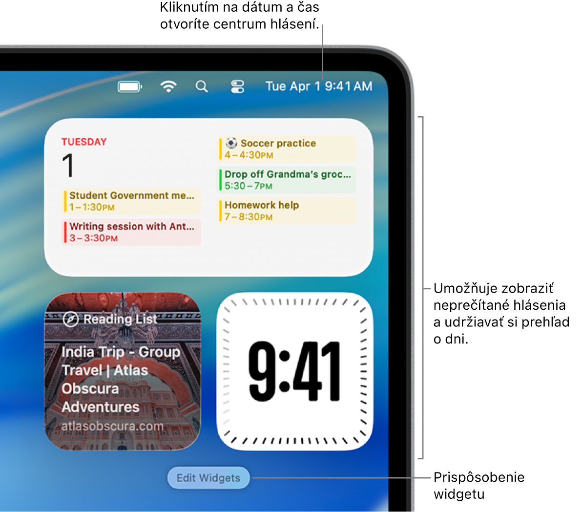 Hlásenia a widgety v Centre hlásení.