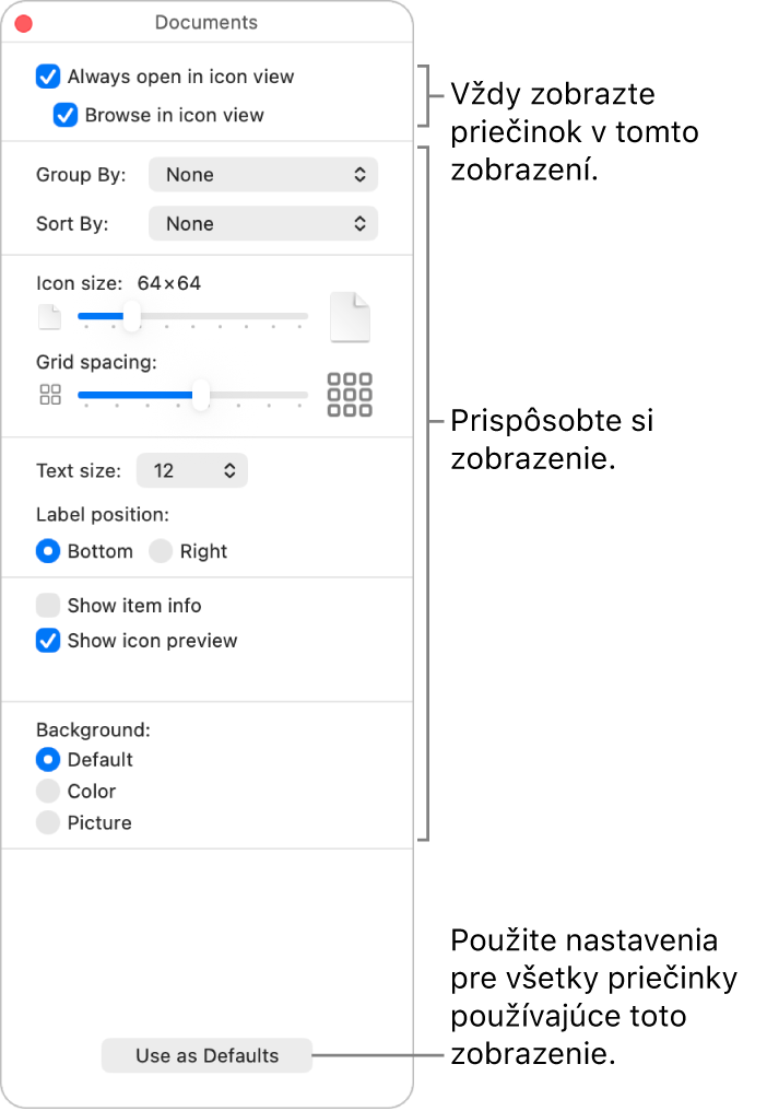 Možnosti zobrazenia ikon pre priečinok.