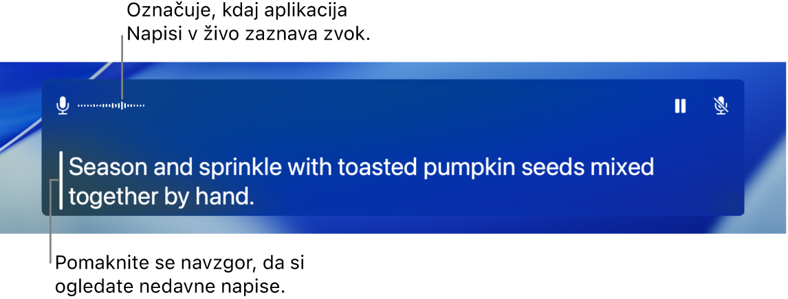 Sprotna transkripcija zvoka mikrofona računalnika je v oknu Napisov v živo prikazana kot besedilo, po katerem se je mogoče pomikati.