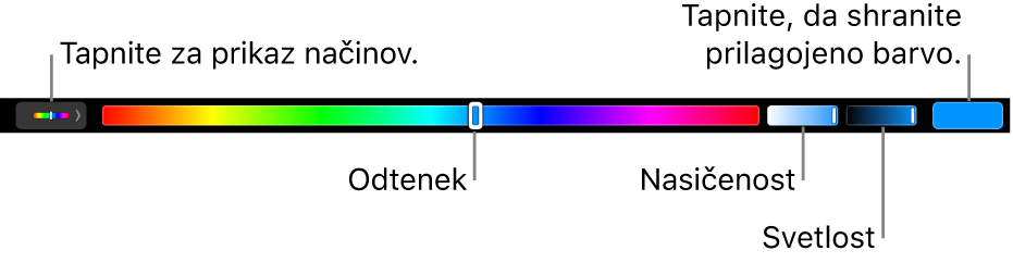 Vrstica Touch Bar prikazuje drsnike za odtenek, nasičenost in svetlost za način HSB. Na levem koncu je gumb s prikazom vseh načinov, na desnem pa gumb za shranjevanje barve po meri.