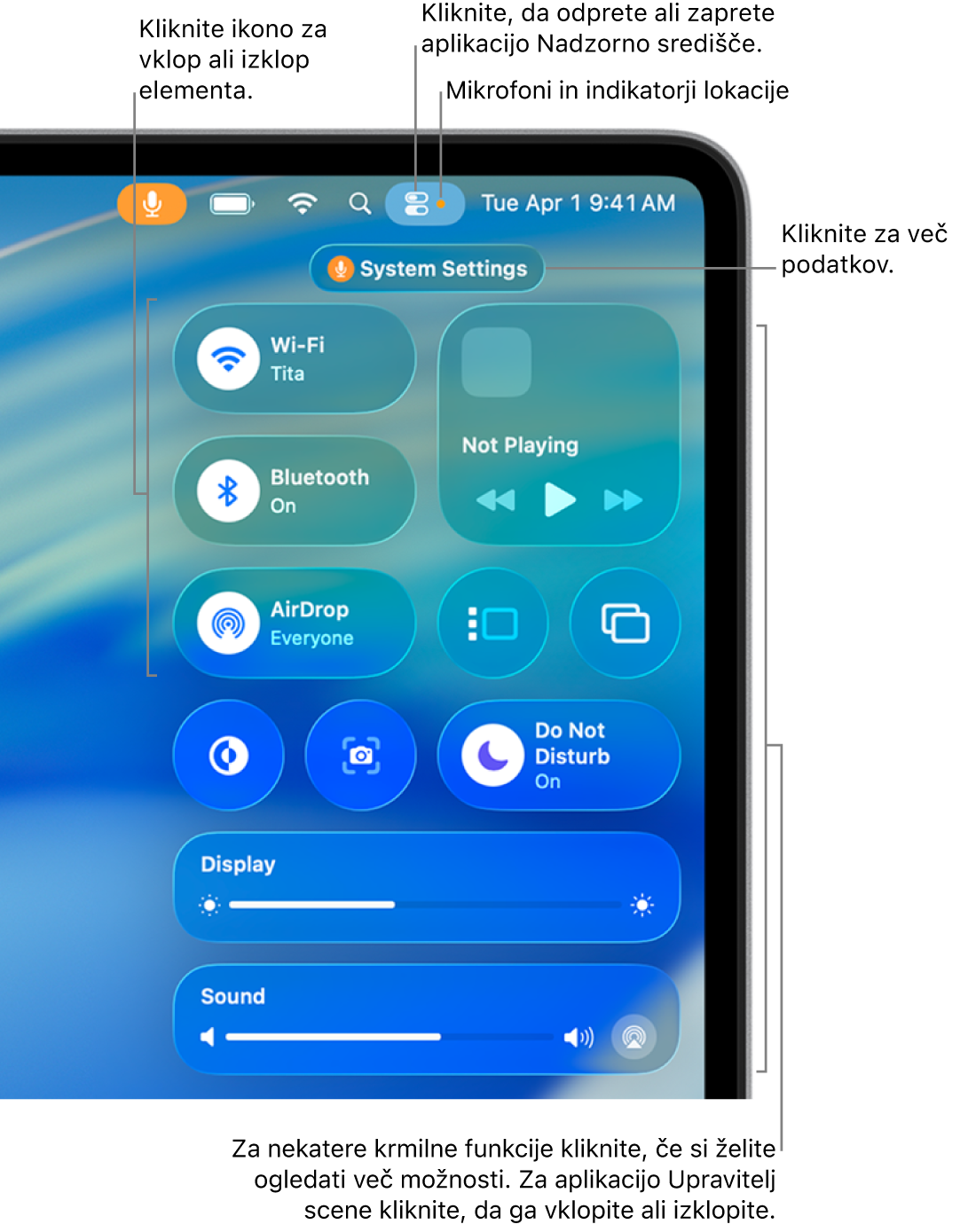 Nadzorno središče v zgornjem desnem delu zaslona, ki med drugim prikazuje krmilne funkcije za Wi-Fi, Fokus, Zvok in Predvaja se.