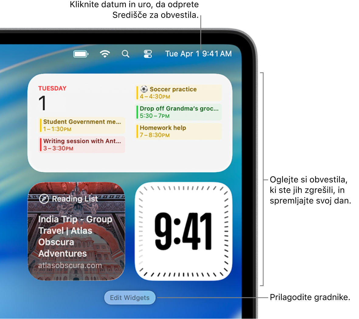 Obvestila in gradniki v središču za obvestila.