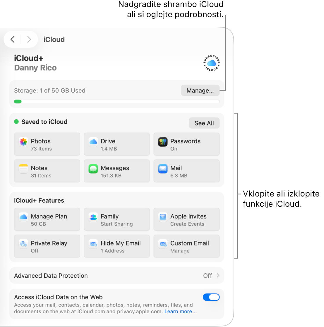 Nastavitve storitve iCloud za najpogosteje uporabljene funkcije.
