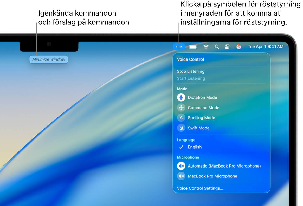 Ett kommandoförslag visas högst upp på skrivbordet. Till höger visas symbolen för röststyrning i menyraden och röststyrningsmenyn är öppen.
