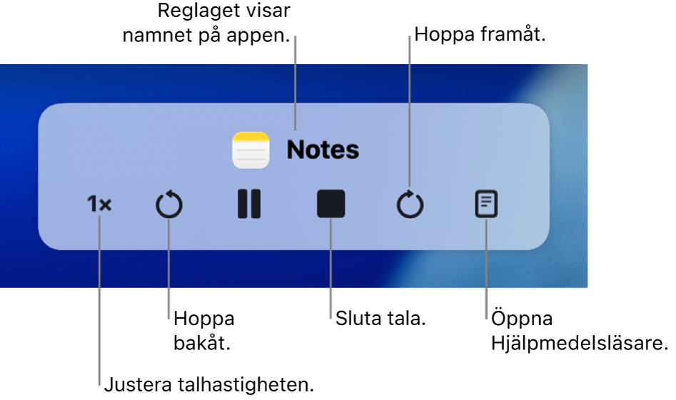 Kontrollpanelen som kan visas när datorn läser upp markerad text. Kontrollpanelen har sex knappar så att du kan (från vänster till höger) justera uppläsningshastigheten, hoppa bakåt, spela upp eller pausa uppläsningen, stoppa uppläsningen, hoppa framåt och öppna Hjälpmedelsläsare. Namnet på appen visas högst upp på kontrollpanelen.