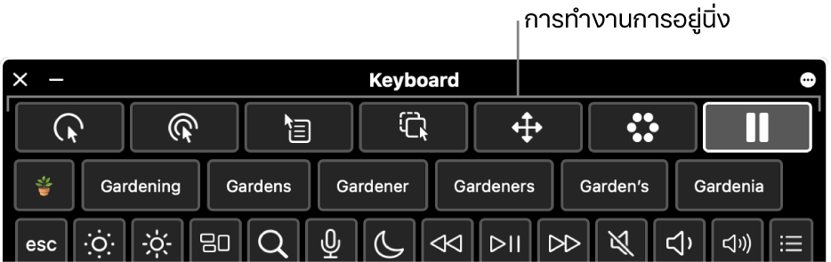 ปุ่มการทำงานการอยู่นิ่งที่อยู่ทางด้านบนสุดของแป้นพิมพ์การช่วยการเข้าถึง