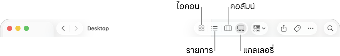 ด้านบนสุดของหน้าต่าง Finder ที่แสดงปุ่มตัวเลือกมุมมองสำหรับโฟลเดอร์