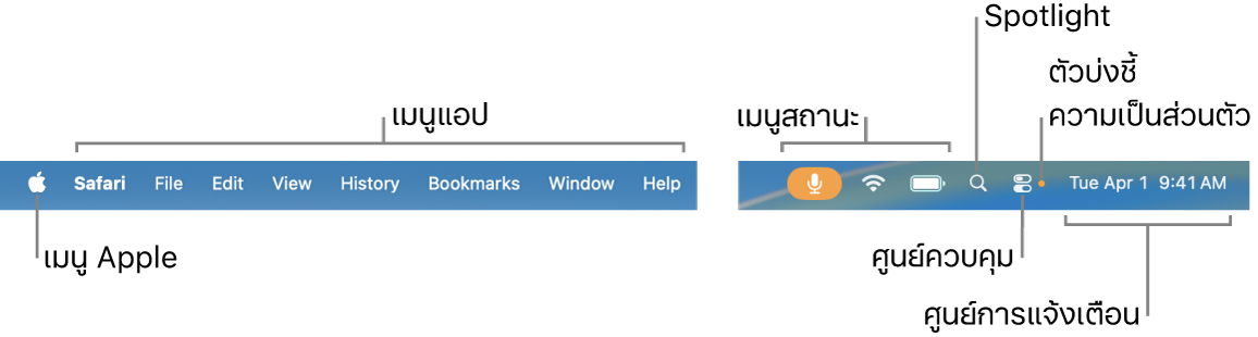 แถบเมนู ทางด้านซ้ายคือเมนู Apple และเมนูแอป ทางด้านขวาคือเมนูสถานะ, Spotlight, ศูนย์ควบคุม, ตัวแสดงสถานะความเป็นส่วนตัว และศูนย์การแจ้งเตือน