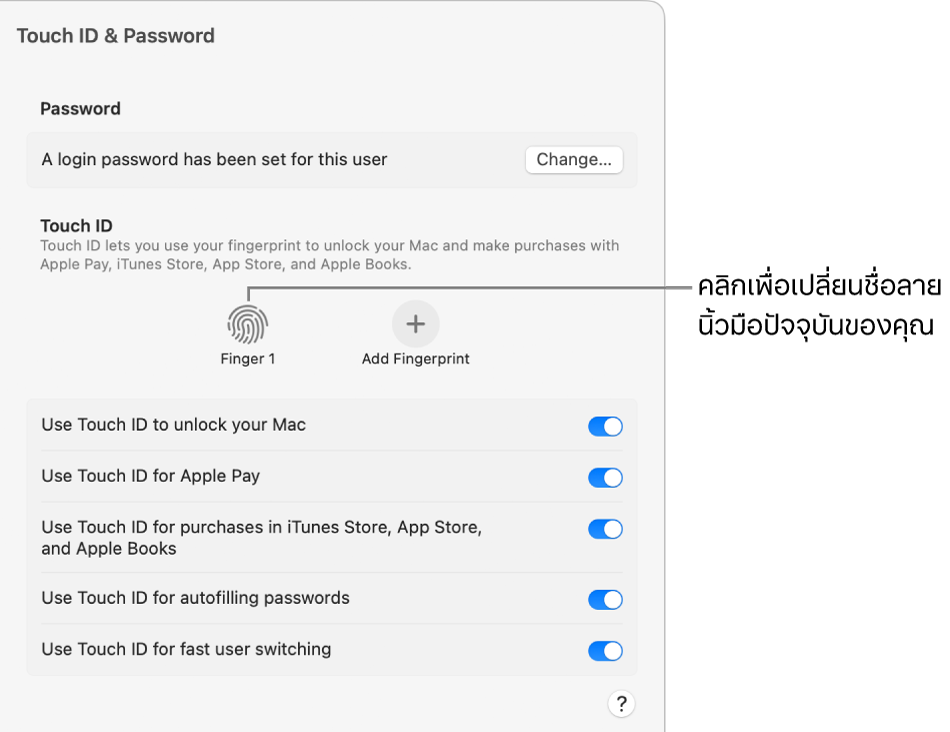การตั้งค่า Touch ID และรหัสผ่าน ซึ่งแสดงลายนิ้วมือที่พร้อมแล้วและสามารถใช้ปลดล็อค Mac ได้