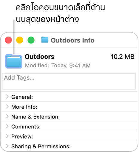 หน้าต่างข้อมูลสำหรับโฟลเดอร์ที่แสดงไอคอนทั่วไปสำหรับโฟลเดอร์ที่เลือก