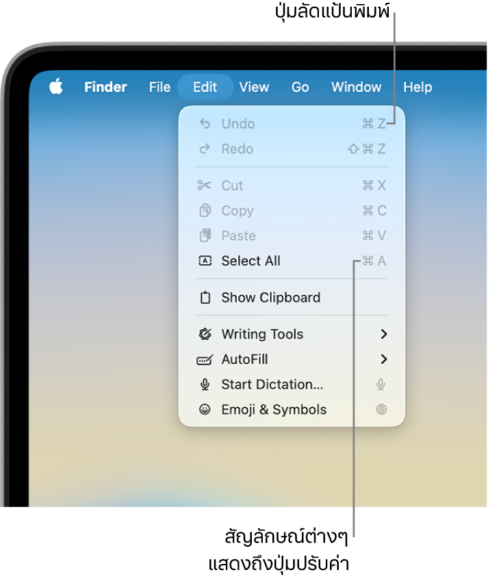 เมนูแก้ไขเปิดอยู่ใน Finder ปุ่มลัดแป้นพิมพ์แสดงอยู่ถัดจากรายการเมนู