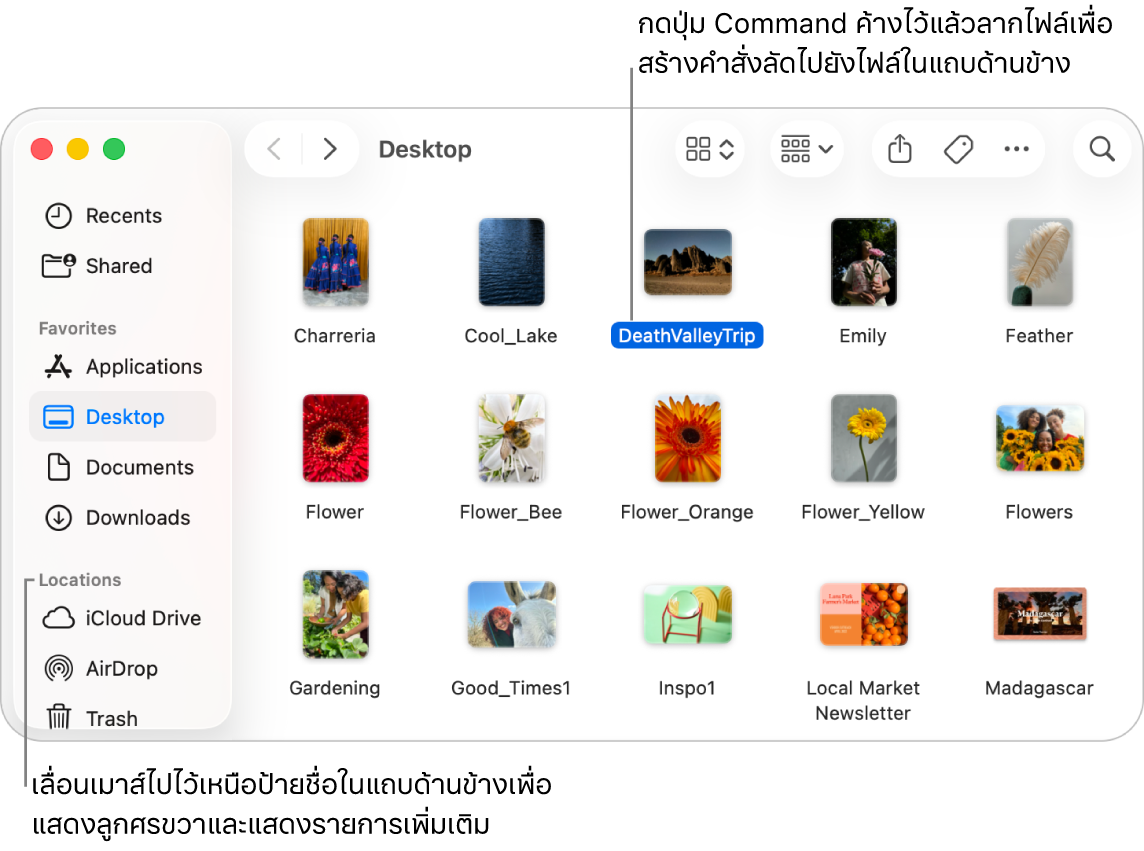 ทางด้านขวาของตำแหน่งที่ตั้งในแถบด้านข้างจะเป็นลูกศรสำหรับคลิกเพื่อแสดงรายการเพิ่มเติม ในหน้าต่าง Finder ทางด้านขวา ไฟล์ถูกเลือกอยู่และปุ่มลัดไปยังไฟล์อยู่ในแถบด้านข้างซึ่งอยู่ด้านล่างรายการโปรด