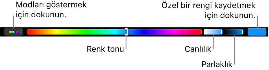 HSB modu için renk özü, doyma ve parlaklık sürgülerini gösteren Touch Bar. Sol uçtaki, tüm modları gösteren düğmedir; sağdaki ise özel bir rengi gösteren düğmedir.