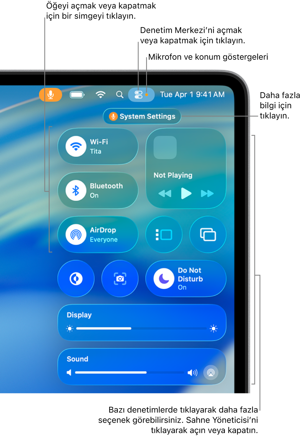 Ekranın sağ üst bölümündeki Denetim Merkezi; Wi-Fi, Odak, Ses ve Şu An Çalınan gibi denetimleri gösteriyor.