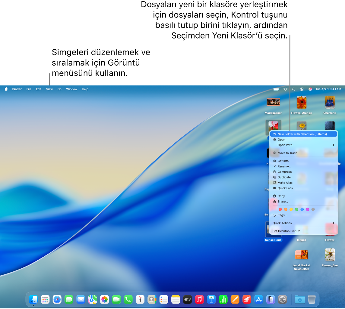 Dosyaları ve klasörleri gösteren bir masaüstü. Birçok dosya yeni bir klasöre yerleştirilmek üzere seçilmiş. Seçilen bir dosya için açılır menü, Seçimden Yeni Klasör seçilmiş şekilde gösteriliyor.
